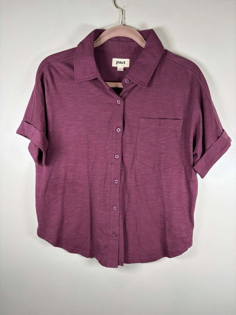 Pact Organic Cotton Button Down Shirt Women's Size Small Short Sleeve Top